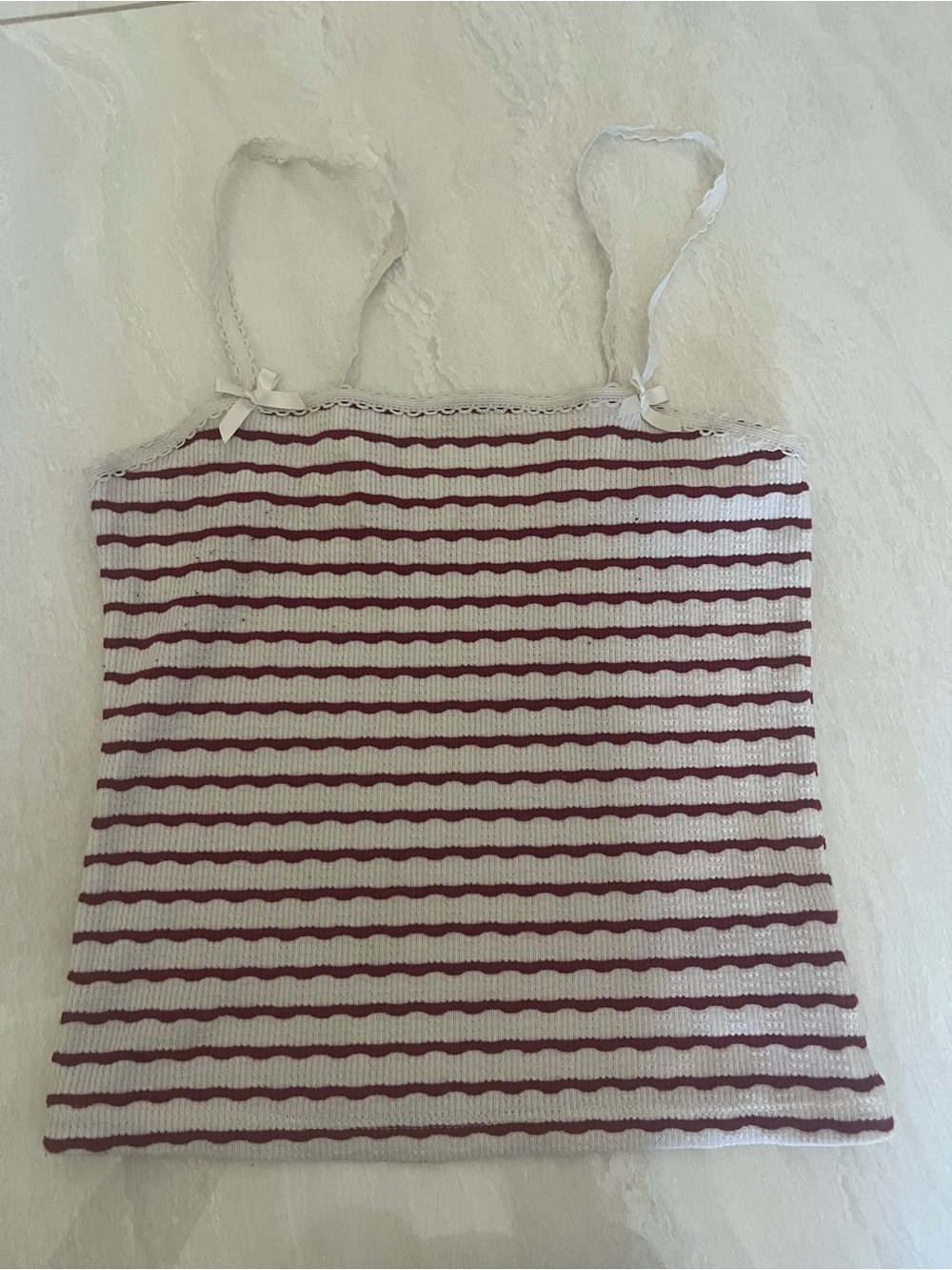 American Eagle Outfitters White and Burgundy Striped Lace-Trim Cami